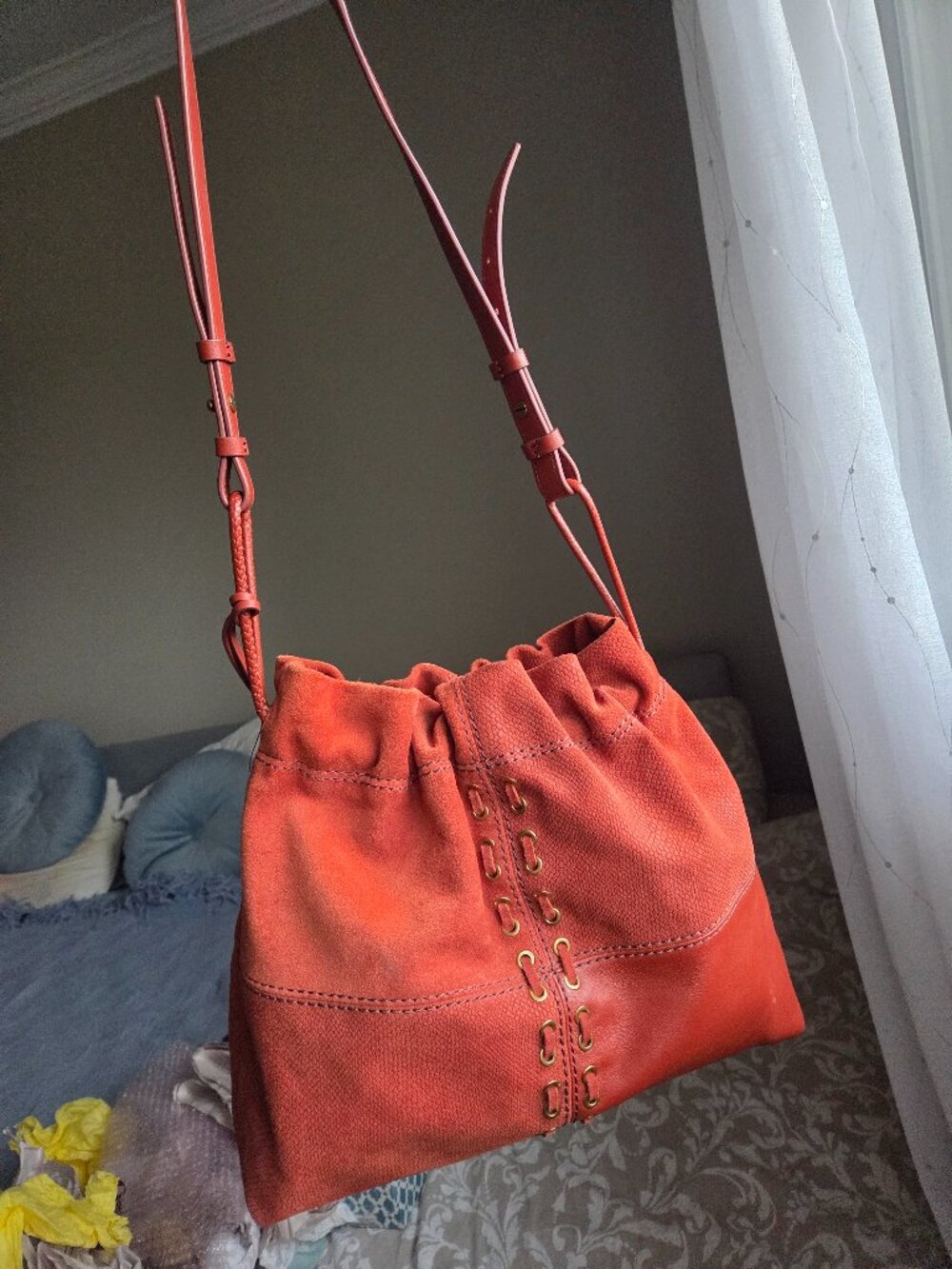 Fossil Leather Suede Drawstring Bucket Bag in 🔥 orange